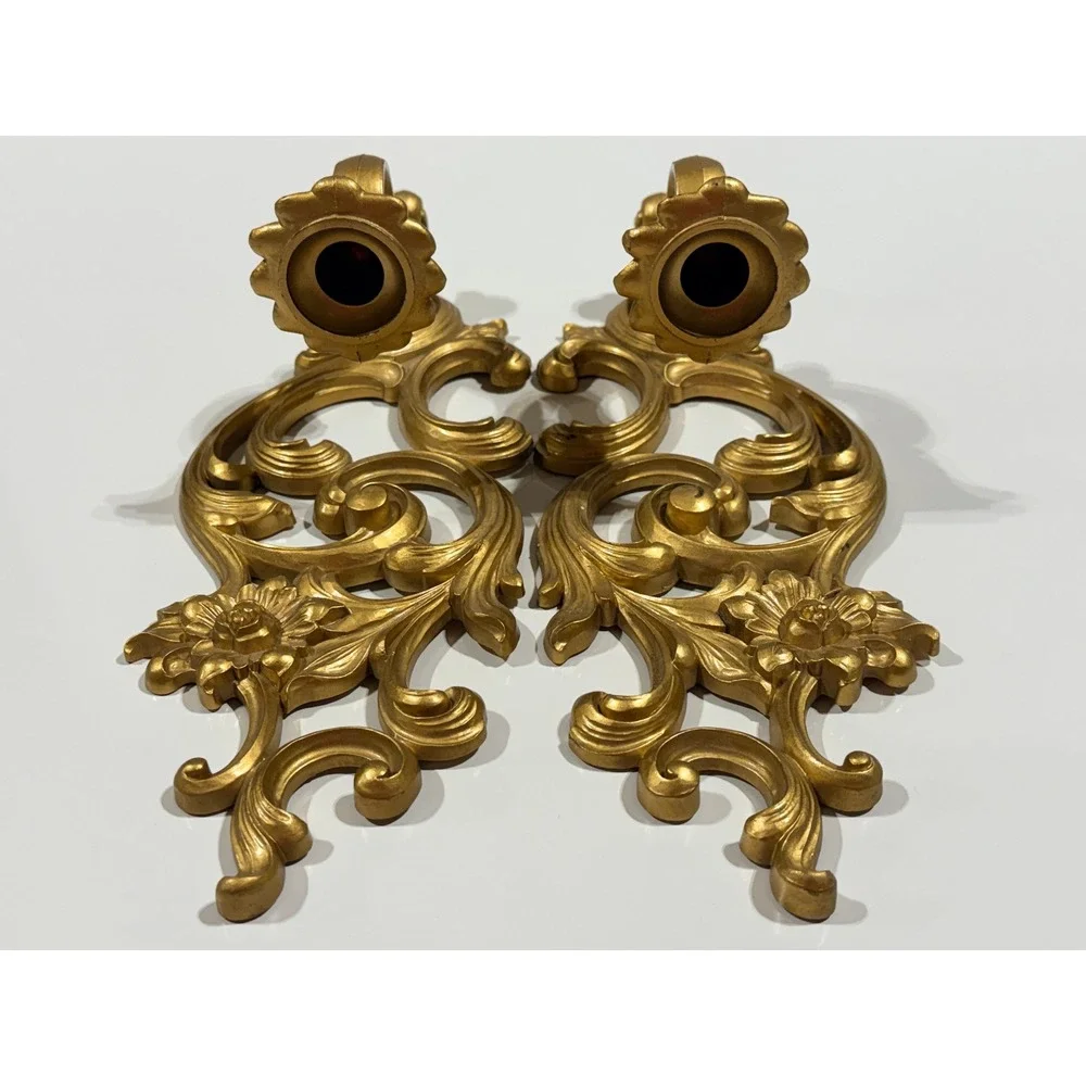 SYROCO VTG 1965 2 Gold Wall Candle Sconces 5183 Hollywood Regency Floral USA MCM